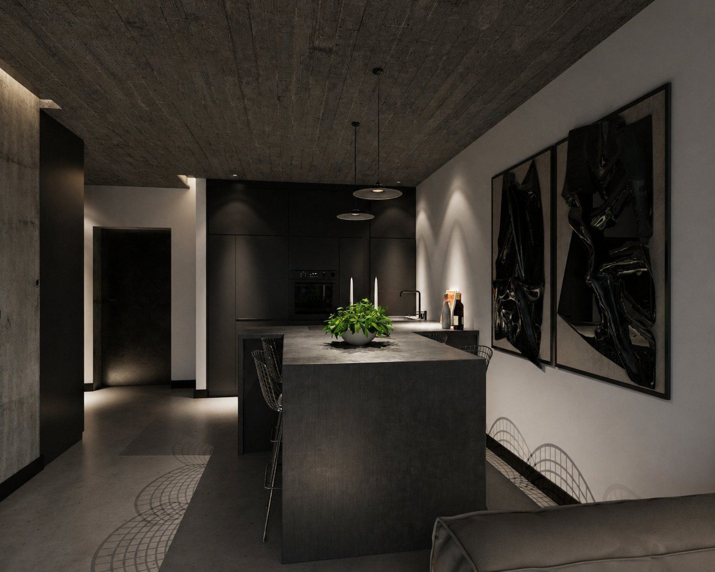 Wnętrze apartamentu z betonem i czarną bryłą w kierunkowym świetle